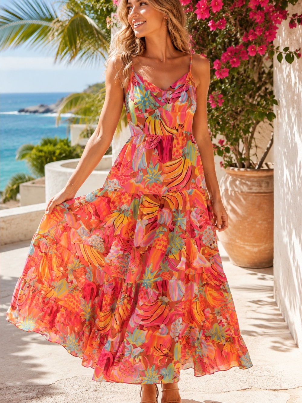 Farm Rio Tropical Fruit Tiered Maxi Dress Beaded Straps Resort S